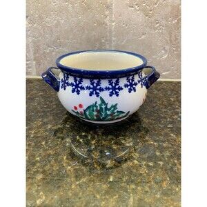 Polish Pottery Boleslawiec Holly Berries Snowflake Christmas Bullion Bowl EUC